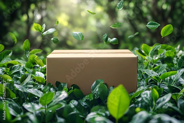 Fototapeta Box sits nestled in green foliage, leaves falling softly around it