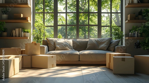 Fototapeta Boxed Living Sunlight floods a room with stacked cartons and couch by a large window