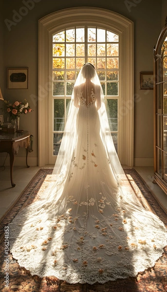 Fototapeta Bride in gown at window with fall foliage