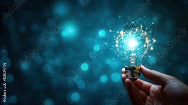 Fototapeta Close up of hand holding abstract glowing circuit light bulb on blue background. Future, innovation and solution concept