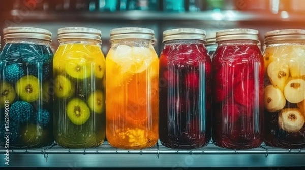 Fototapeta Vibrant collection of glass jars filled with homemade fruit preserves vegetable pickles and other canned goods displayed on a rustic wood shelving unit  Healthy