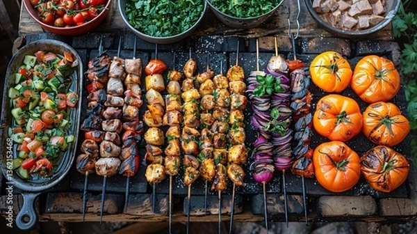 Obraz Variety of food grilled on wooden table top view