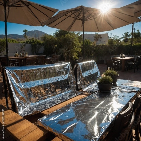 Fototapeta A portable thermal reflective cover used for outdoor seating areas, blocking UV rays and reducing heat.


