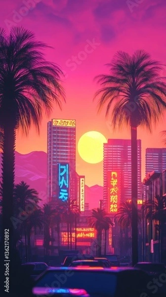 Fototapeta Futuristic Sunset Cityscape with Retro Aesthetics