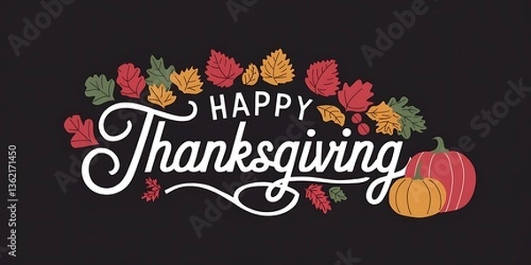 Fototapeta Elegant Thanksgiving celebration background featuring stylish white cursive lettering vibrant autumn leaves pumpkins golden wheat and soft glowing lights on deep black backdrop.Thanksgiving typography