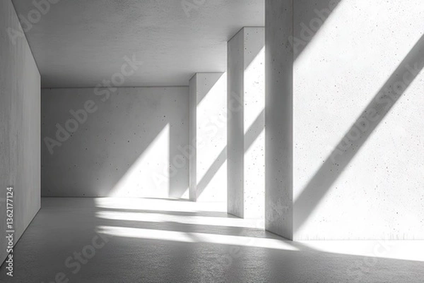 Fototapeta Minimalist Concrete Architecture with Columns and Sunlight Casts Abstract Shadows