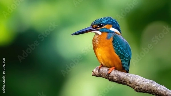 Obraz A colorful kingfisher perched on a branch, showcasing vibrant blue and orange feathers against a soft green background.