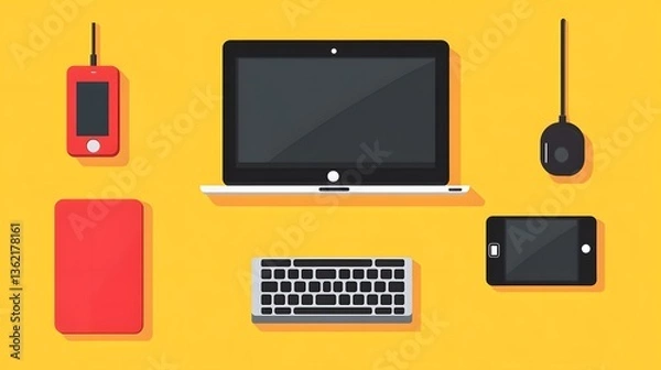 Fototapeta Flat Lay of Modern Tech Gadgets Laptop Smartphone Keyboard Mouse