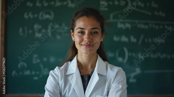 Obraz Científica frente a pizarra con fórmulas matemáticas