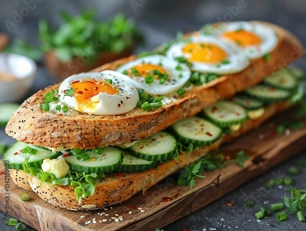 Obraz Vibrant food photo of an egg and cucumber baguet