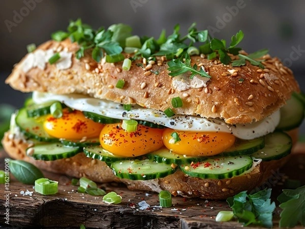 Obraz Vibrant food photo of an egg and cucumber baguet