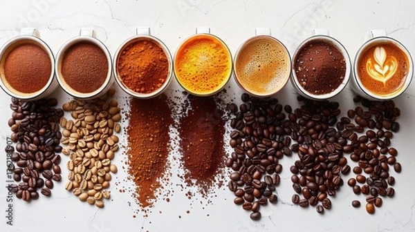 Obraz View of different types of coffee top view on white