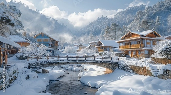 Obraz Village in the mountains covered with snow 