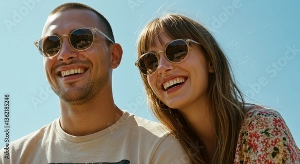 Obraz A smiling couple wearing sunglasses stands together against a bright blue sky backdrop outdoors