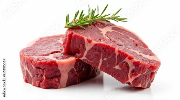 Fototapeta Exquisite Raw Steaks: Two prime cuts of raw steak, artfully presented with a sprig of fresh rosemary, stand as a symbol of culinary excellence. showcasing their rich color and texture.