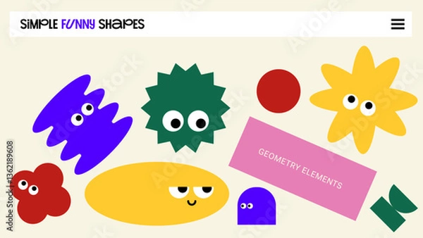 Fototapeta Minimalist composition with Funny Simple Shapes. Bold Minimalism Design. Elements with Emotions, Vibrant color, Retro Cyber Geometric flat design. Trendy Naive Playful Y2k Mental Stickers. Brutalism