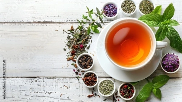 Obraz White cup of tea and different herbs on a white