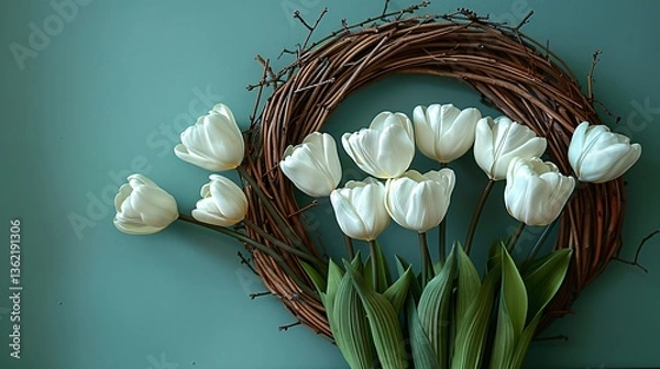 Obraz Wicker wreath and white tulips on a pastel green