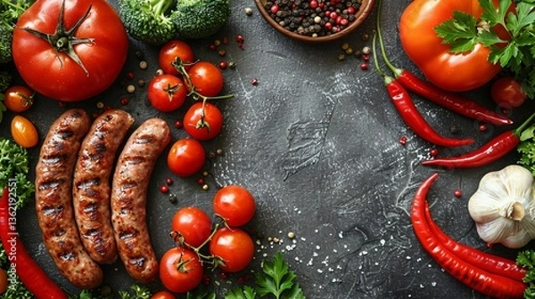 Obraz Wiener Sausages with vegetables and spices 