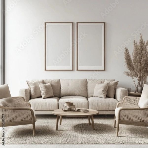 Fototapeta Minimalist living room with beige sofa, armchairs, coffee table, and pampas grass.