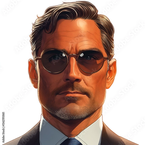 Fototapeta Isolated on a white background, mature, confident man in a dark suit and tie, wearing round sunglasses with a calm, serious expression. 