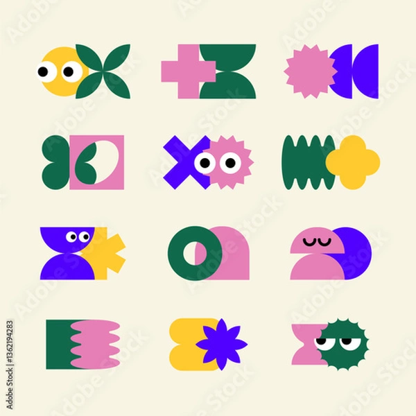 Fototapeta Naive Playful Simple Shapes with Emotions, Vibrant color, Retro Funny Geometric design. Vibrant Trendy Y2k Mental stickers. Vectored Flat design for design, scrapbooking. icons, logotypes