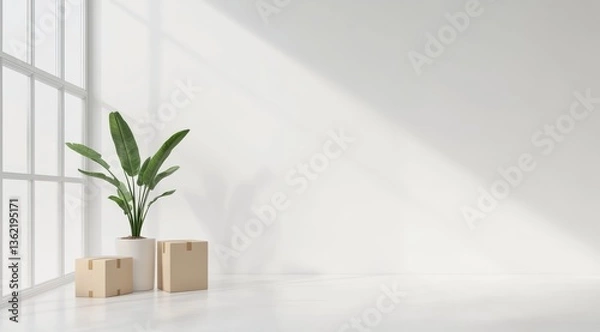 Obraz Cardboard Boxes and Houseplants in Bright Empty Room with Large Windows During Moving or Relocation
