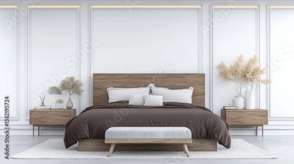 Obraz Cozy and Elegant Modern Bedroom Design Featuring Wooden Bed Frame Bedside Tables and Natural Decor Elements Like Vases and Plants for a Serene and Relaxing Atmosphere