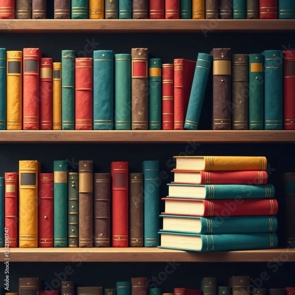 Fototapeta Illustrations of layered books on a rustic shelf in a cozy library environment , illustration, stack