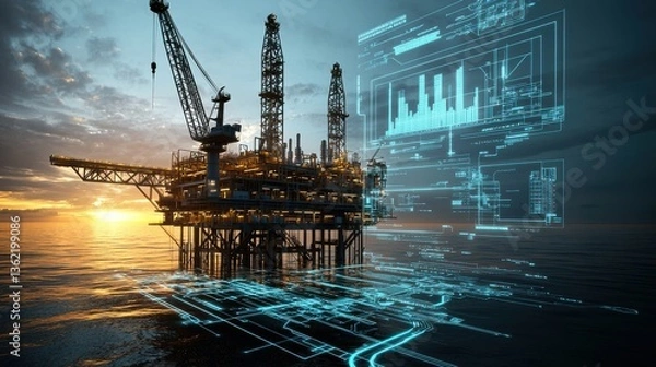 Obraz Offshore oil and gas production platform operating at sunset with a digital technology blueprint overlay  showcasing the advanced engineering and analytics involved in energy extraction