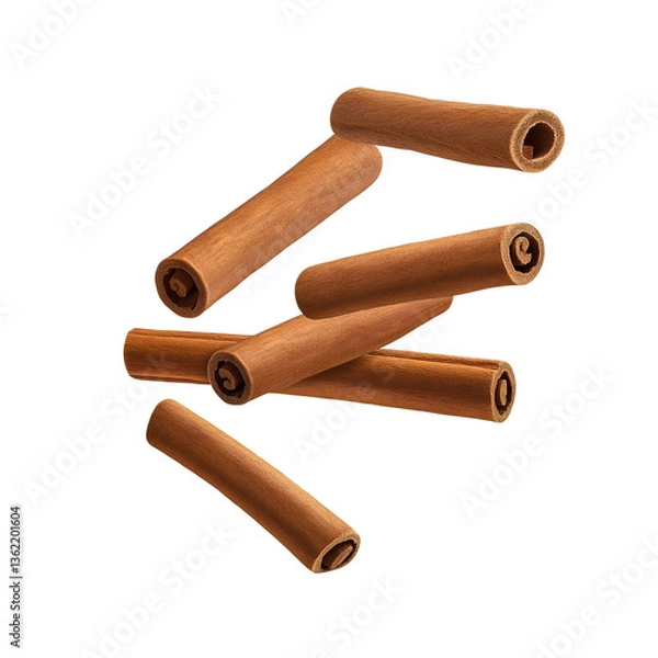 Obraz Flying cinnamon sticks on transparent background, cutout, PNG format.