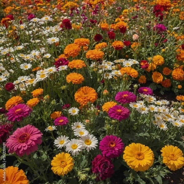 Fototapeta A colorful mix of daisies, marigolds, and roses growing in neat rows on a beautiful farm.