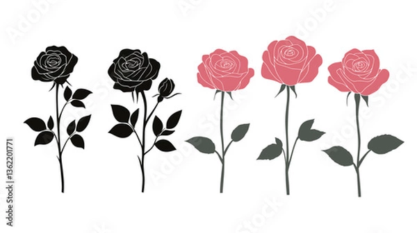 Fototapeta Hybrid tea roses silhouette on a white background, featuring delicate and elegant outlines of blooming roses. This minimalist design captures the timeless beauty and sophistication of tea roses