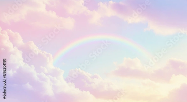 Fototapeta Rainbow arc across dreamy pastel sky, Ethereal cloudscape with vibrant spectrum, Peaceful heavenly atmosphere representing hope and natural wonder