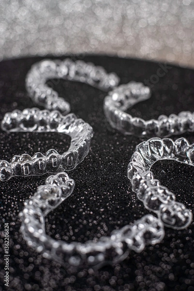 Obraz Invisible dental teeth brackets tooth aligners on black background. Plastic braces dentistry retainers to straighten teeth.