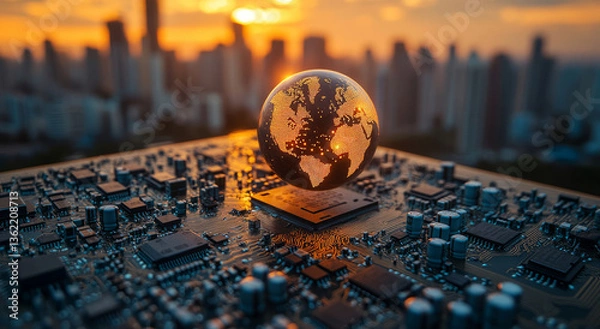 Obraz Futuristic globe atop electronic board conveys technological optimism