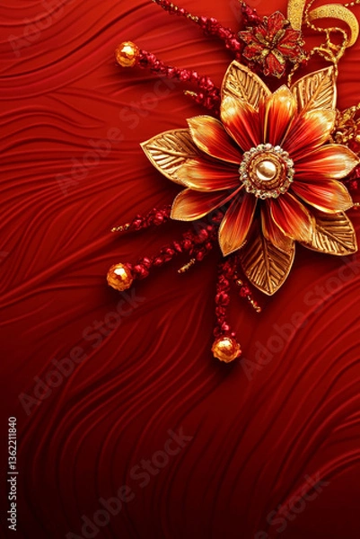 Obraz Elegant Red and Gold Festive Flower Ornament on a Wavy Background