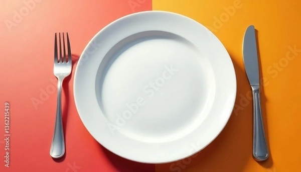 Fototapeta Empty plate with fork and knife, signifying abstinence , nutrition, intermittent fasting