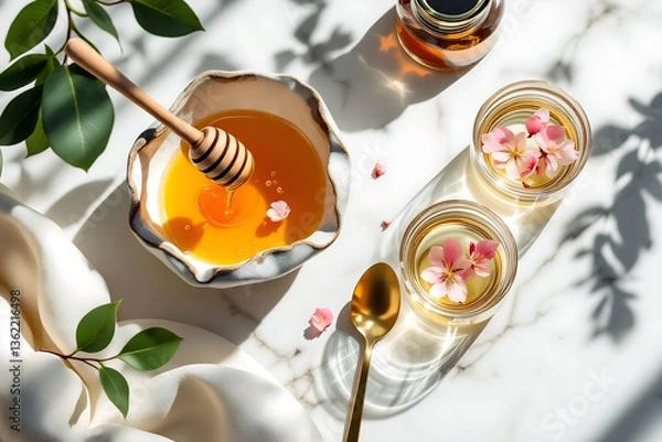 Obraz  Miel doré et fleurs comestibles – flat lay naturel et lumineux