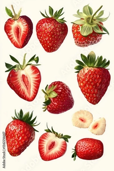 Fototapeta Colorful artwork showcasing a variety of strawberries in different hues and styles.