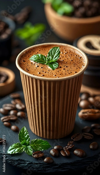 Fototapeta Coffee drink in a paper cup, surrounded by beans and mint on a dark surface