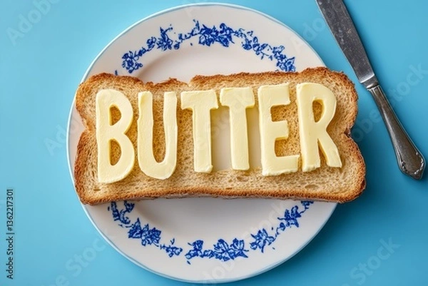 Fototapeta Slice of bread with word "BUTTER" written in butter placed on decorative plate with knife. Conceptual food typography. Breakfast and dairy concept. Design for banner, print, poster, card