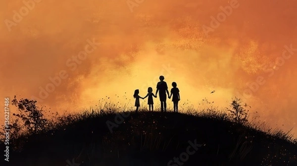 Fototapeta A silhouette of a family holding hands on a hill, symbolizing unity and togetherness. illustration