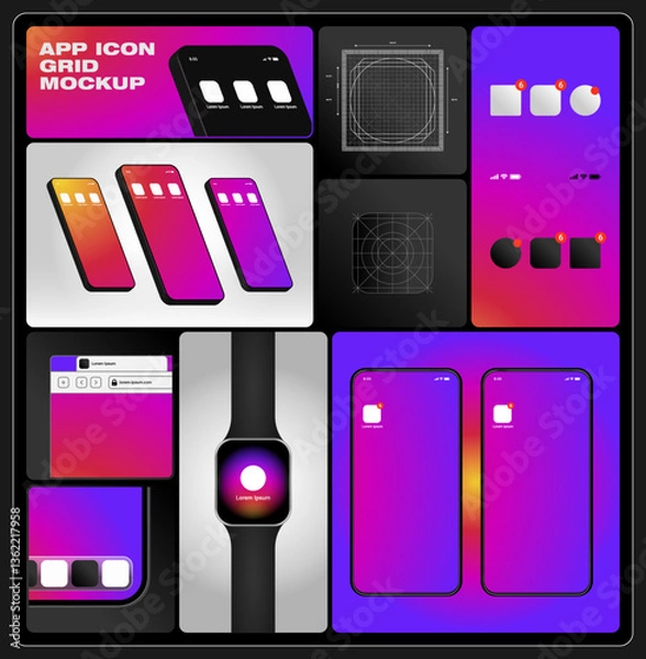 Fototapeta App icon mockup on multiple devices, including smartphones and smartwatches. Digital template with gradient backgrounds, notifications, and grid guides for app design.