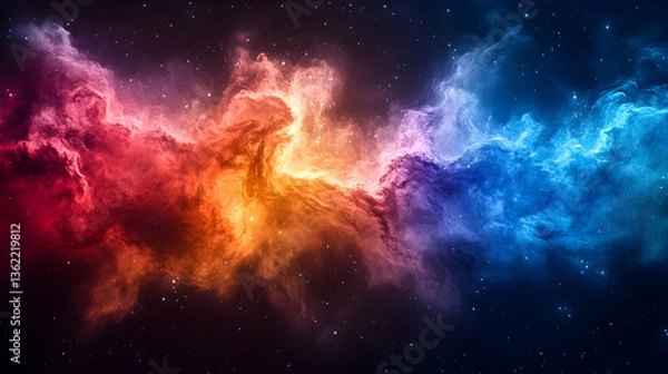 Obraz Colorful, bright cosmic nebula, with blue, red, and orange hues against a dark, star-filled backdrop