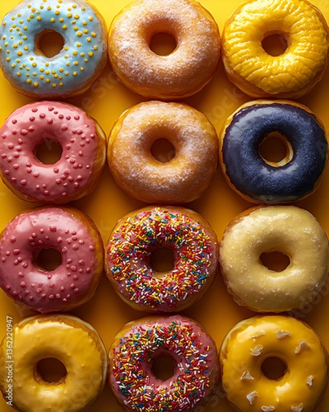 Fototapeta Colorful donuts arrayed on yellow