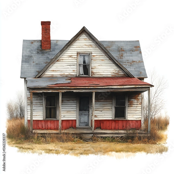 Fototapeta An old, weathered farmhouse stands alone in a field of dry grass, exuding a sense of abandonment and rustic charm. Symbol of rural history and decline.