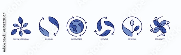 Fototapeta Sustainable Synergy Icon Set Isolated Vector With Icon Of Green Harmony, Synergy, Ecosystem, Recycle, Renewal, Eco Unity In Blue Style