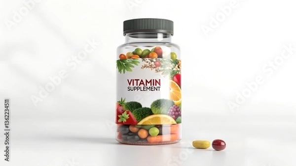 Fototapeta This image showcases a bottle of vitamin supplements with a label that reads "Vitamin Supplement"