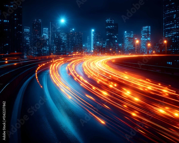 Obraz Cityscape at night with car light trails on the road